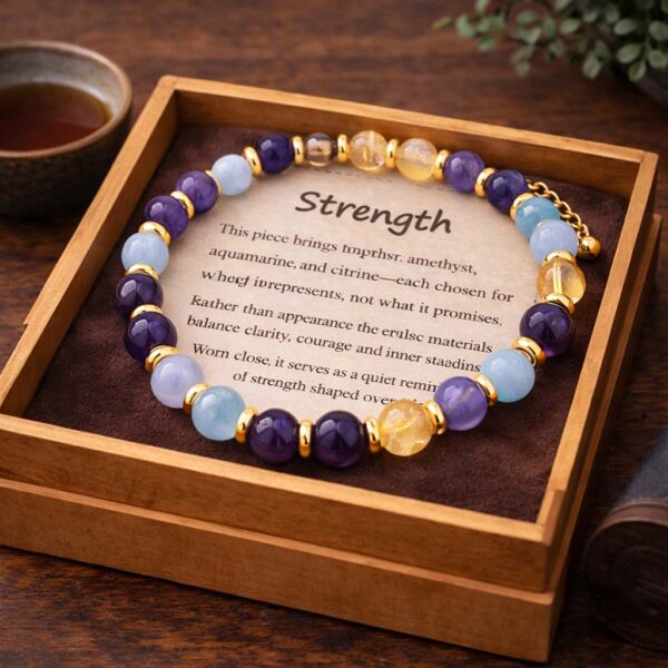 Strength Gemstone Bracelet – Amethyst, Aquamarine & Citrine Gemstone bracelet featuring amethyst, aquamarine, and citrine beads with gold accents