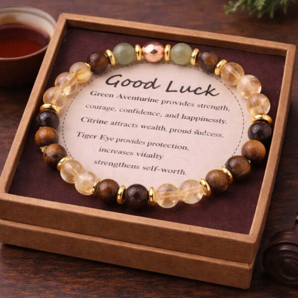 Good Luck Gemstone Bracelet – Full View Good Luck gemstone bracelet with aventurine, citrine and tiger eye beads