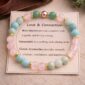 Love and Connection gemstone bracelet displayed on meaning card with rose quartz, amazonite, and green aventurine
