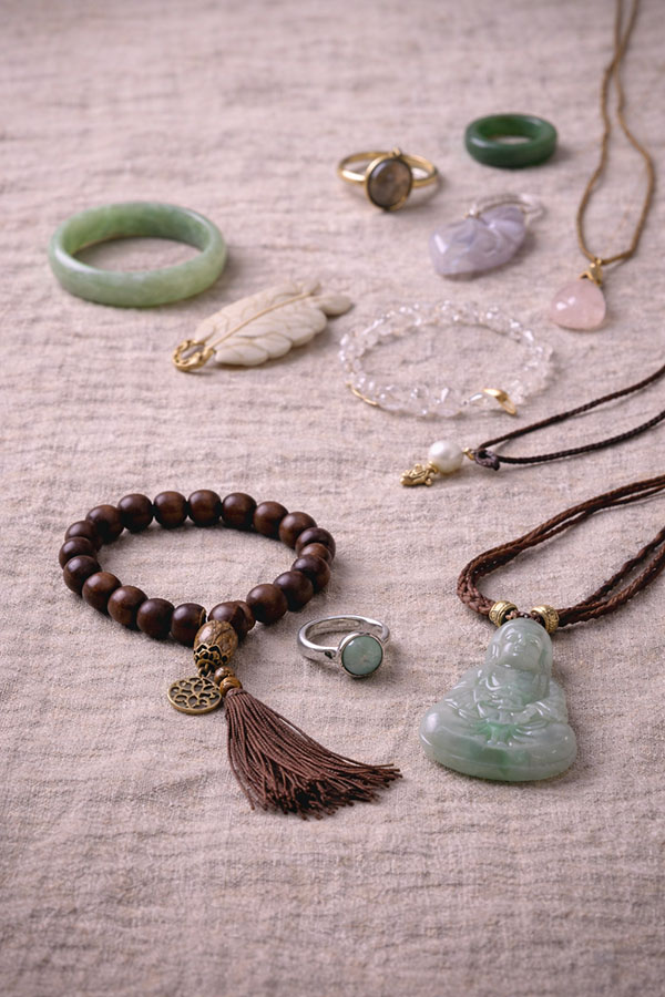 Collection of handcrafted symbolic bracelets, rings, and pendants made from jade, crystal, wood, and stone in Eastern Story