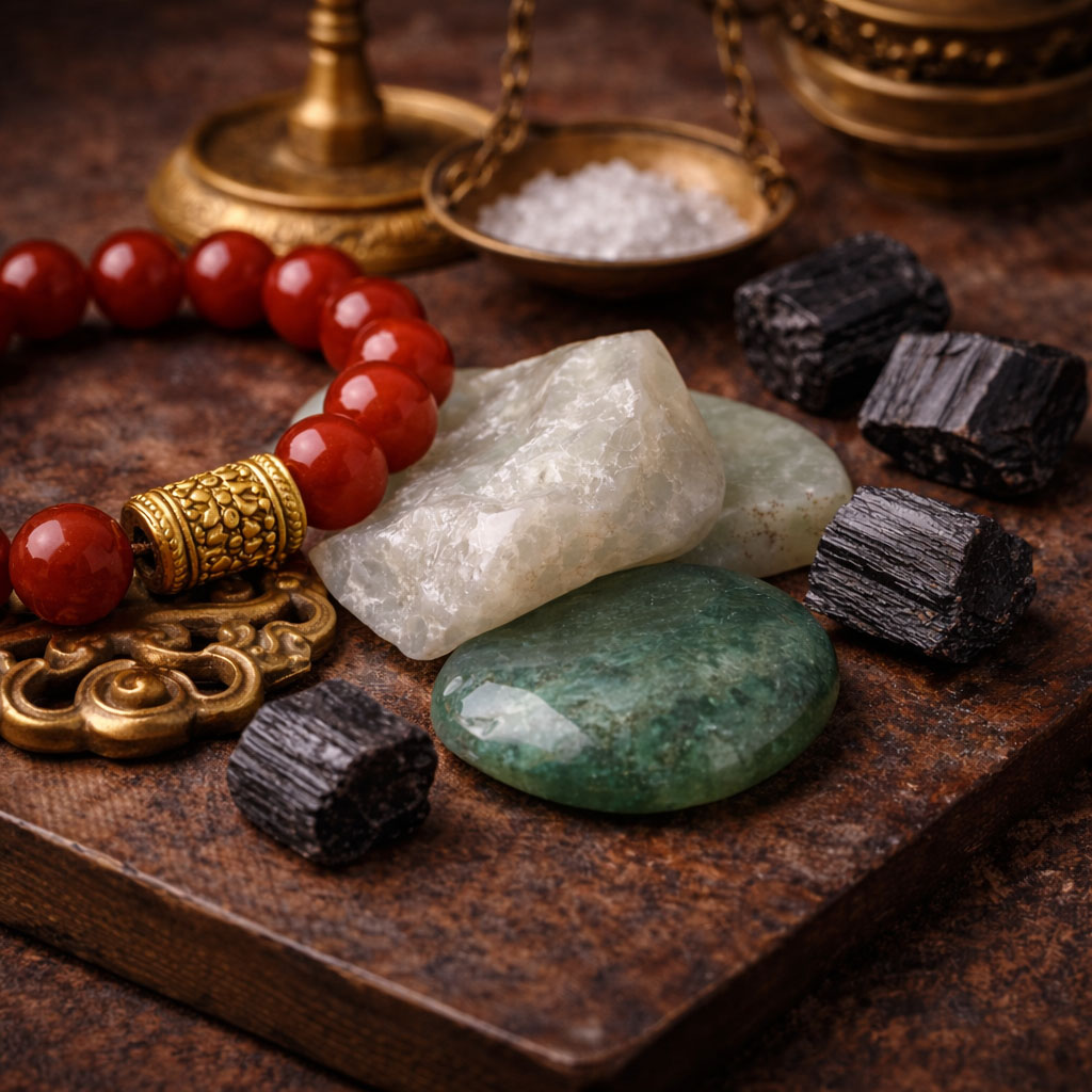 Natural stones and symbolic jewelry materials representing balance, protection, and intention