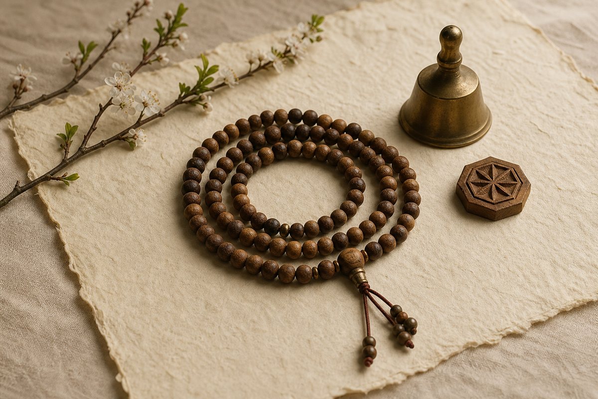 A coiled mala forming a calm circular path beside paper, a seasonal branch, and a small bronze bell