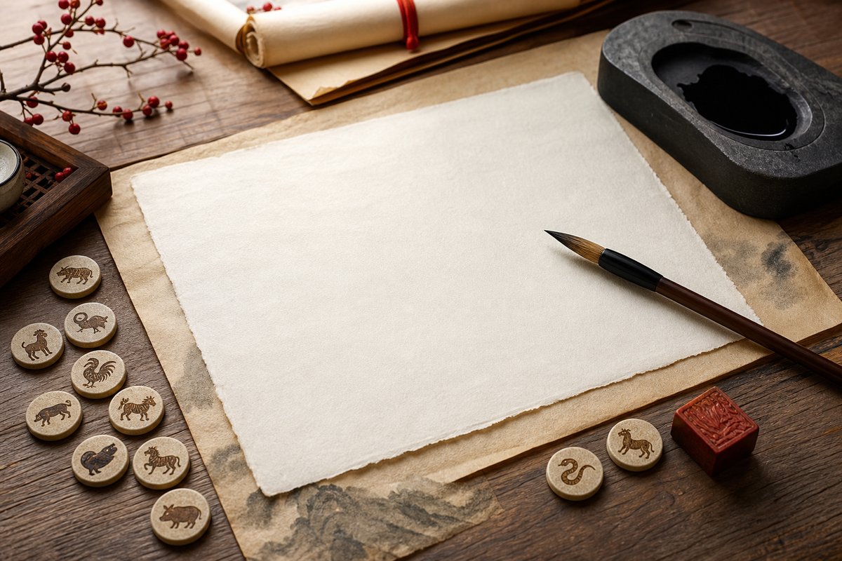 Blank parchment with zodiac tokens, red cord, brush, and a horse token for the 2026 Fire Horse Year