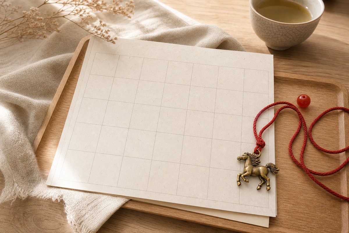 Blank calendar paper with a red cord and horse charm for 2026 Fire Horse Year dates