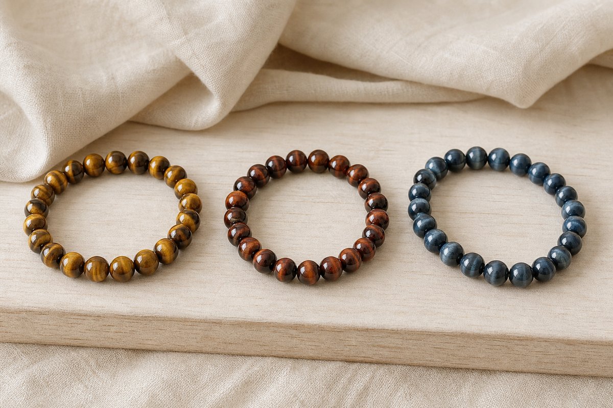 Golden, red-brown, and blue-gray tiger eye bead bracelets arranged on warm linen