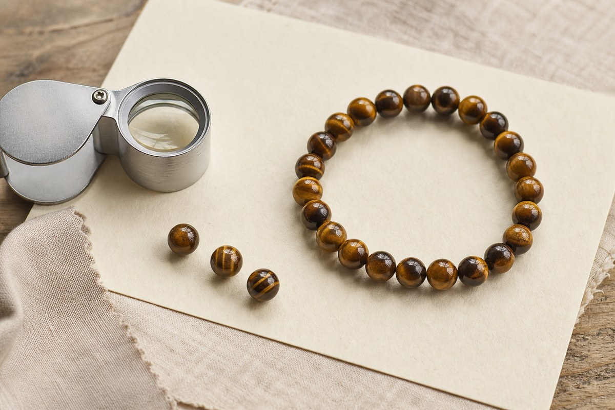 Tiger eye bracelet and loose beads beside a jeweler's loupe on ivory paper