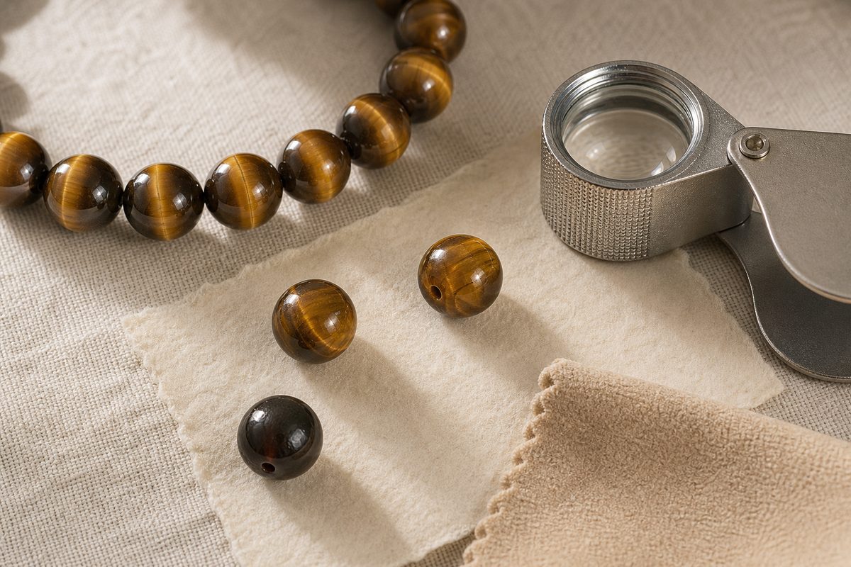 Tiger eye beads and bracelet inspected with a jeweler's loupe on warm linen