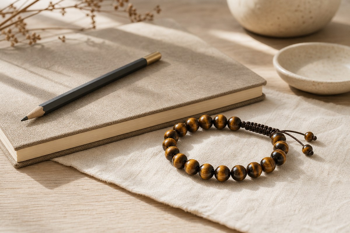 Tiger eye bead bracelet beside a closed notebook and pencil on a pale wooden desk