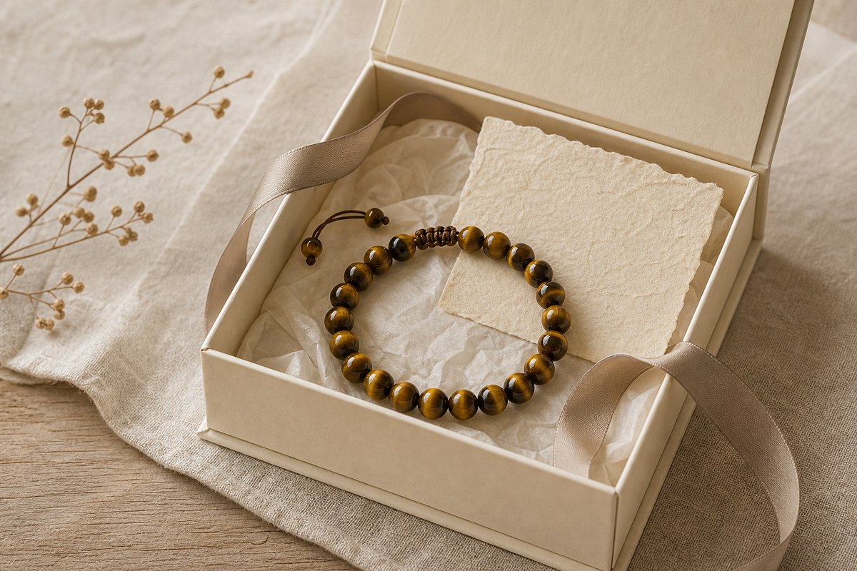 Tiger eye bead bracelet in a simple ivory gift box with a blank handmade paper card