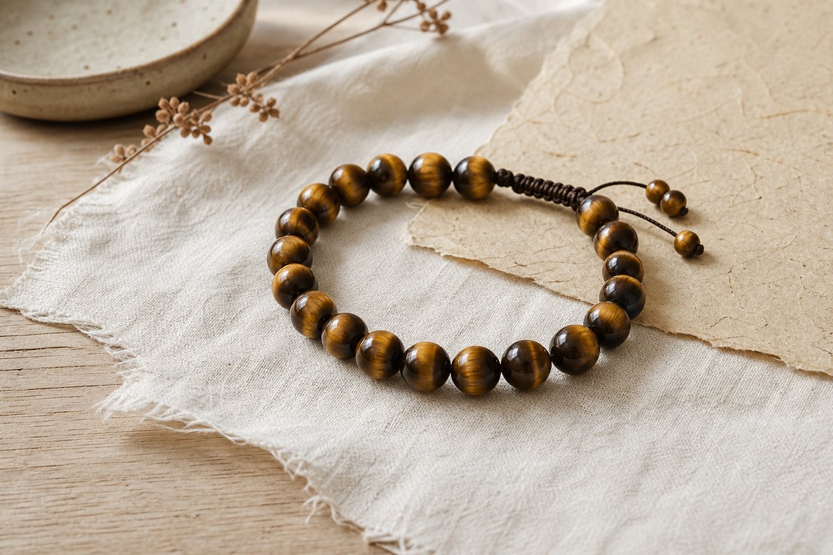 Golden-brown tiger eye bead bracelet on warm ivory linen and pale wood