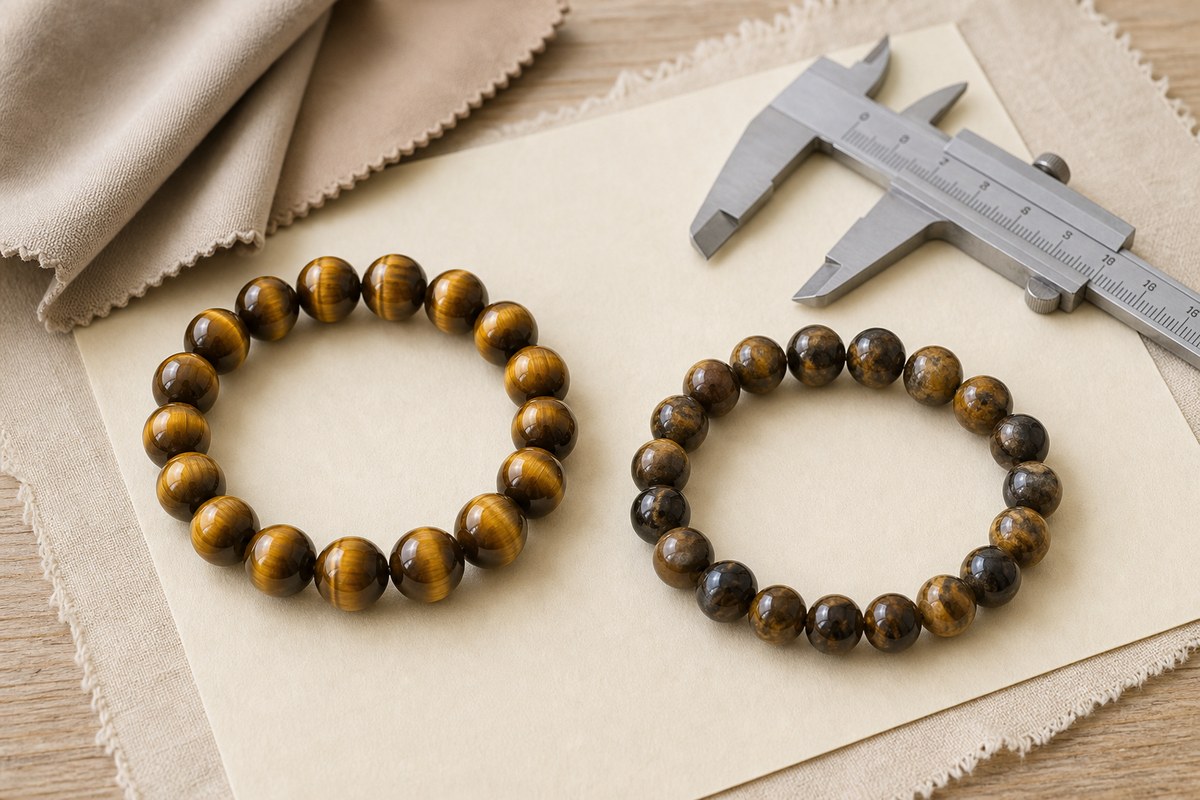 Two tiger eye bracelets with different bead matching and chatoyancy quality on ivory linen