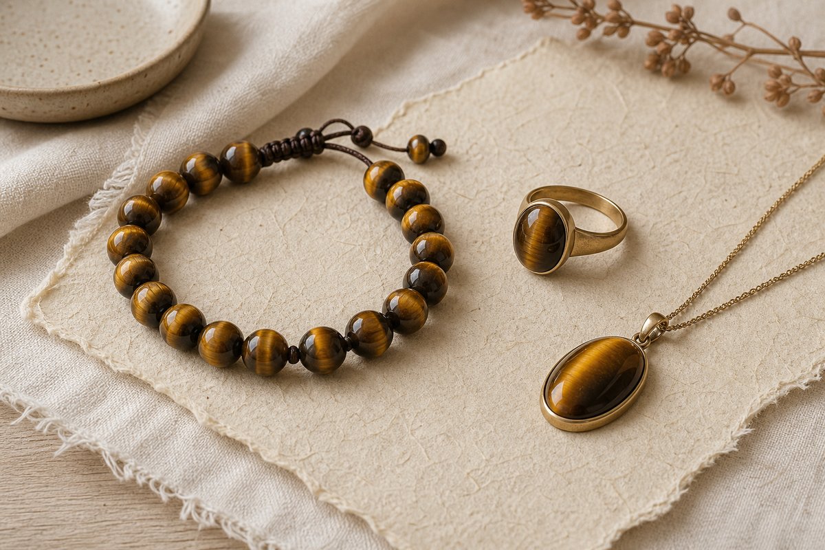 Tiger eye bead bracelet arranged with a cabochon ring and pendant on ivory linen