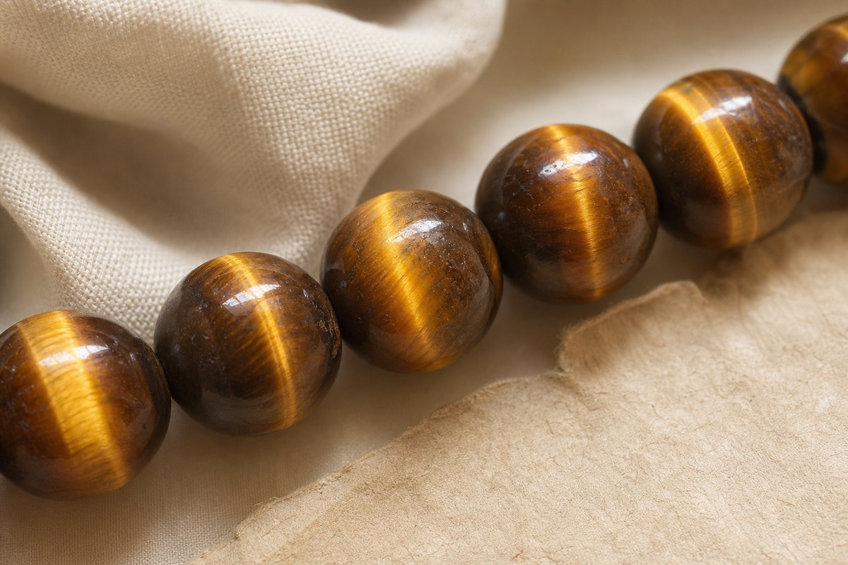 Close macro view of tiger eye beads showing silky cat's-eye light bands