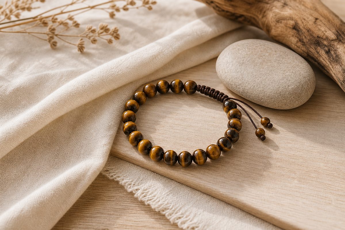 Tiger eye bracelet on ivory linen with pale wood and a smooth stone