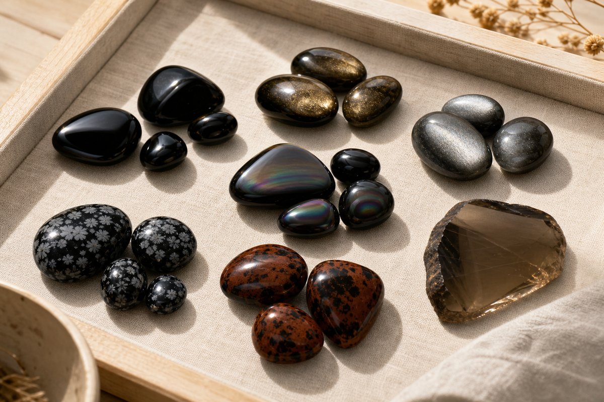 Polished black, sheen, snowflake, mahogany, and smoky obsidian samples arranged on ivory linen