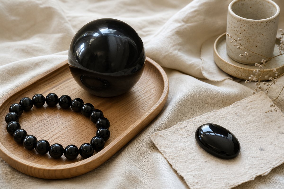 Polished black obsidian sphere, palm stone, and bracelet arranged on warm wood and linen