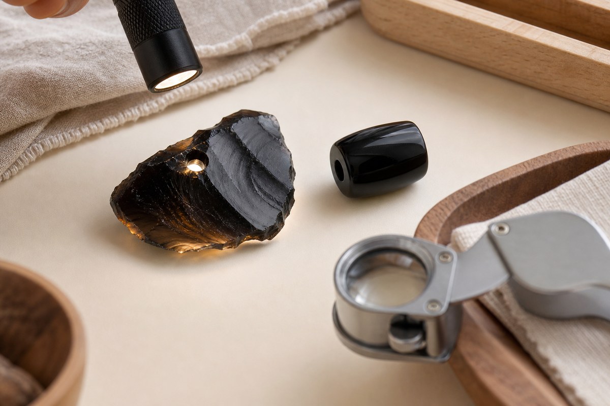 Obsidian sample checked with a small light and magnifying loupe on a warm ivory desk