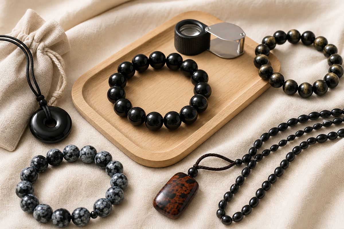 Obsidian bracelets, pendants, and bead samples arranged for comparison with a magnifying loupe