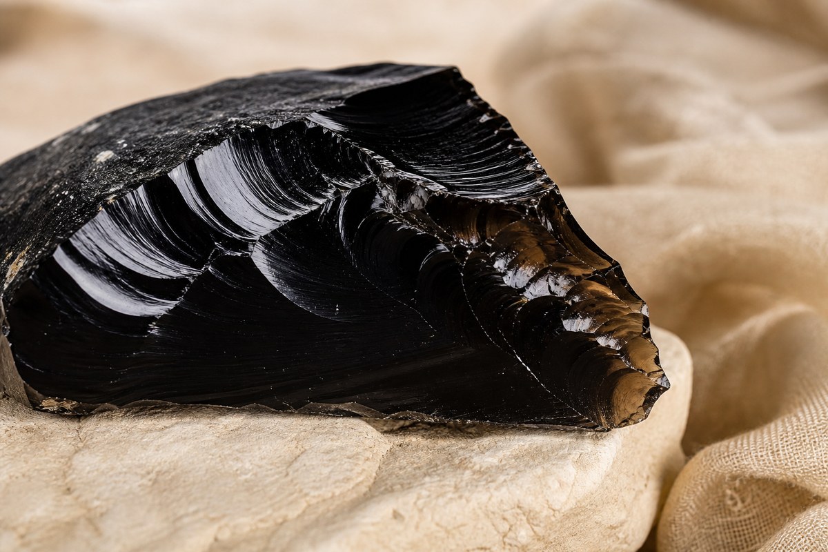 Close view of a black obsidian shard with curved shell-like fracture surfaces