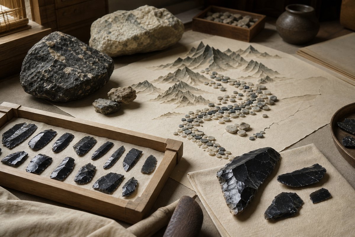 Obsidian flakes and small stone tools displayed with mountain-like stones on archival paper