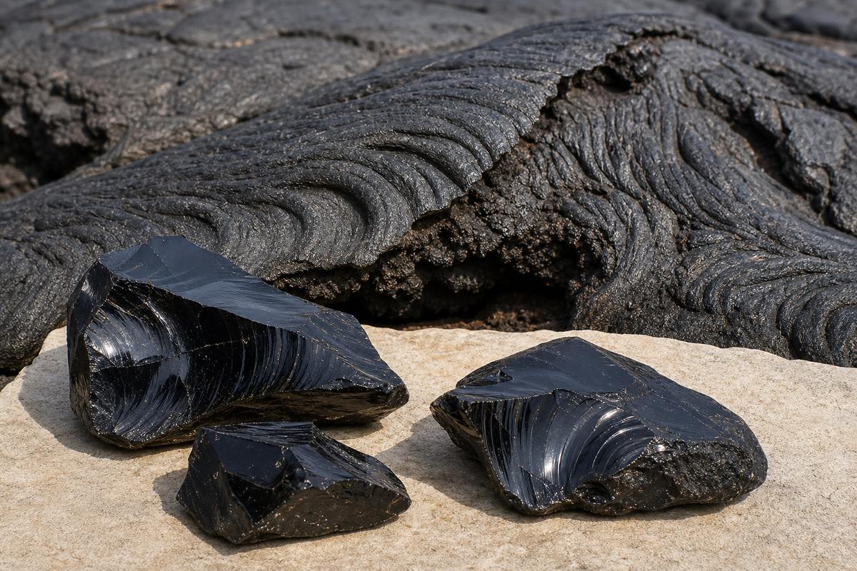 Black volcanic glass pieces on cooled lava-textured stone in soft natural light
