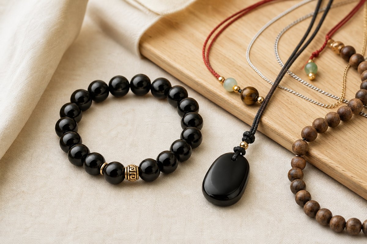 Black obsidian bracelet and pendant styled with red cord, jade, tiger eye, wood, and warm metal accents