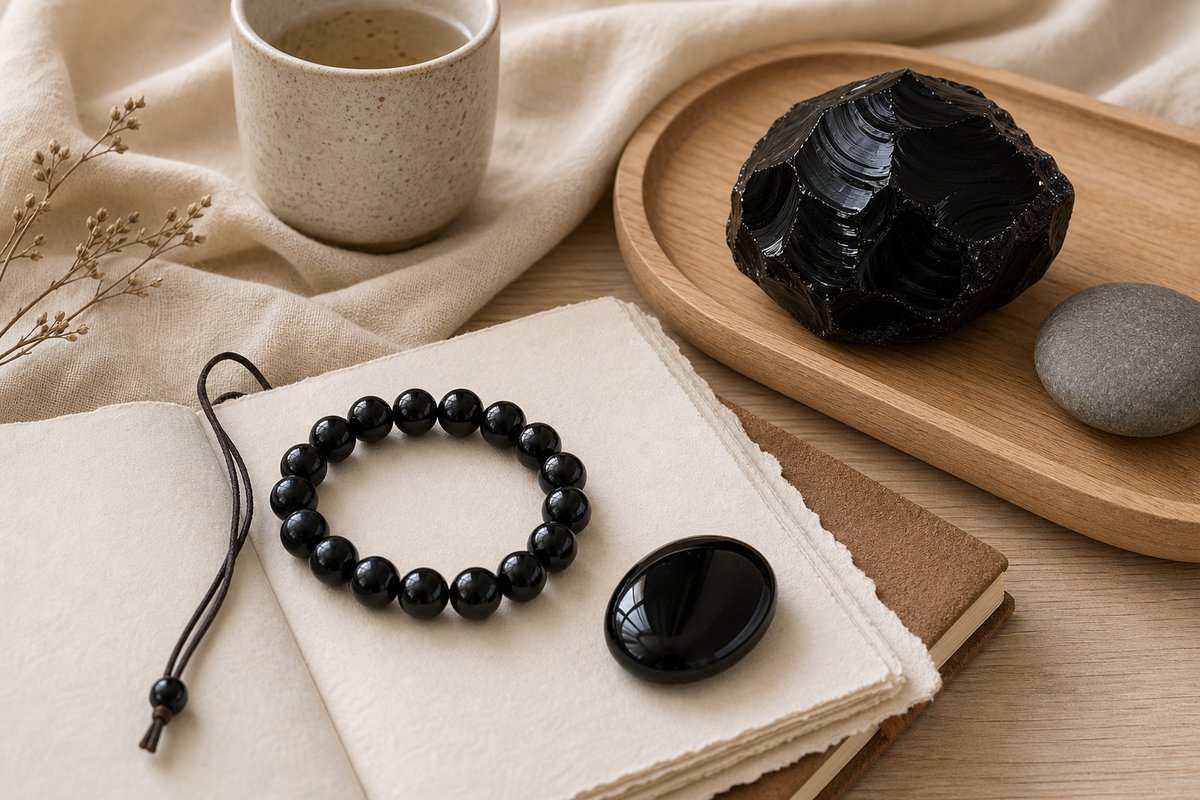 Rough black obsidian, polished palm stone, and obsidian bead bracelet on warm paper and wood