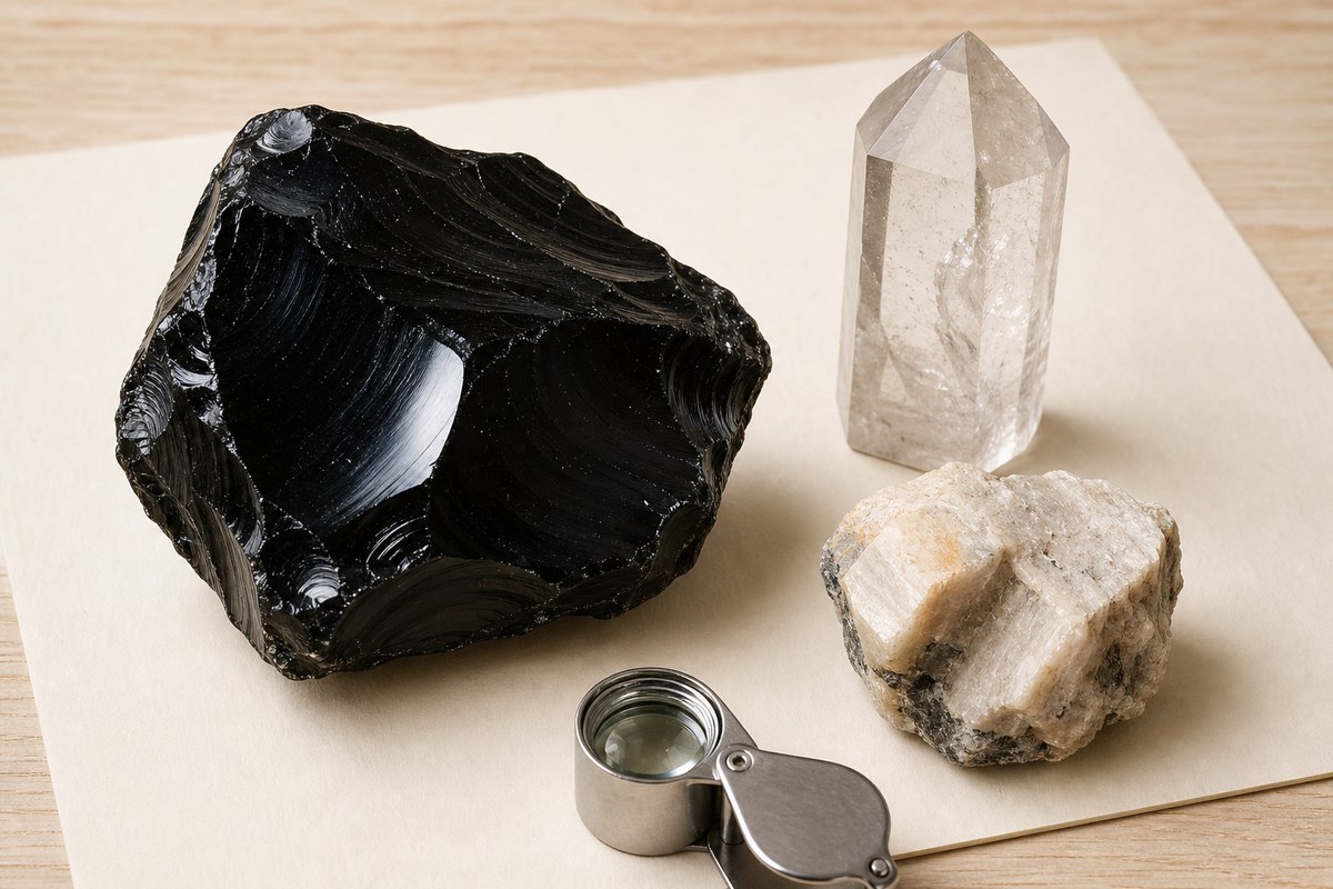 Black obsidian specimen beside clear quartz and a pale mineral sample on an ivory desk