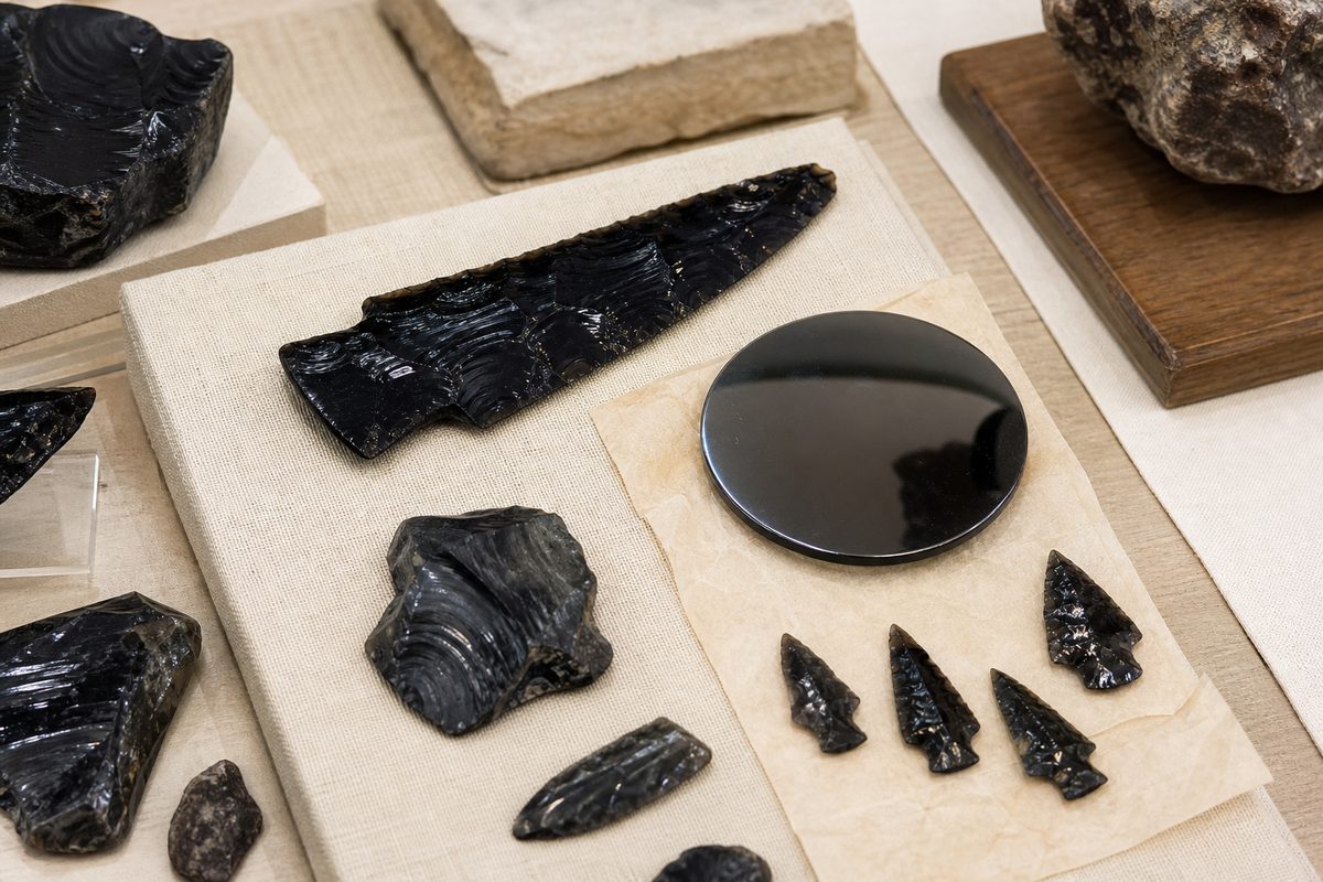 Obsidian blades, flakes, arrow points, and a polished dark mirror-like object on archival paper