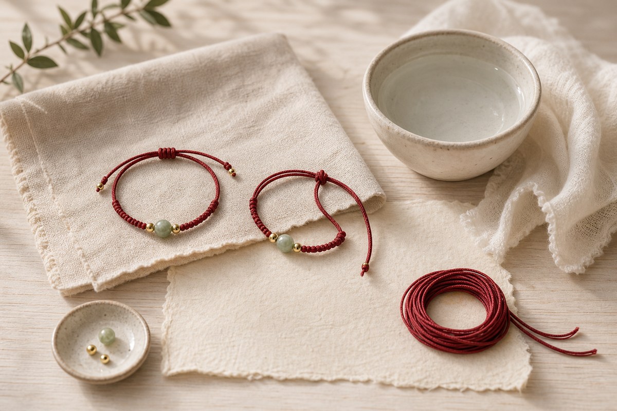 Red string bracelets beside a soft cloth, clear water bowl, and loose replacement cord