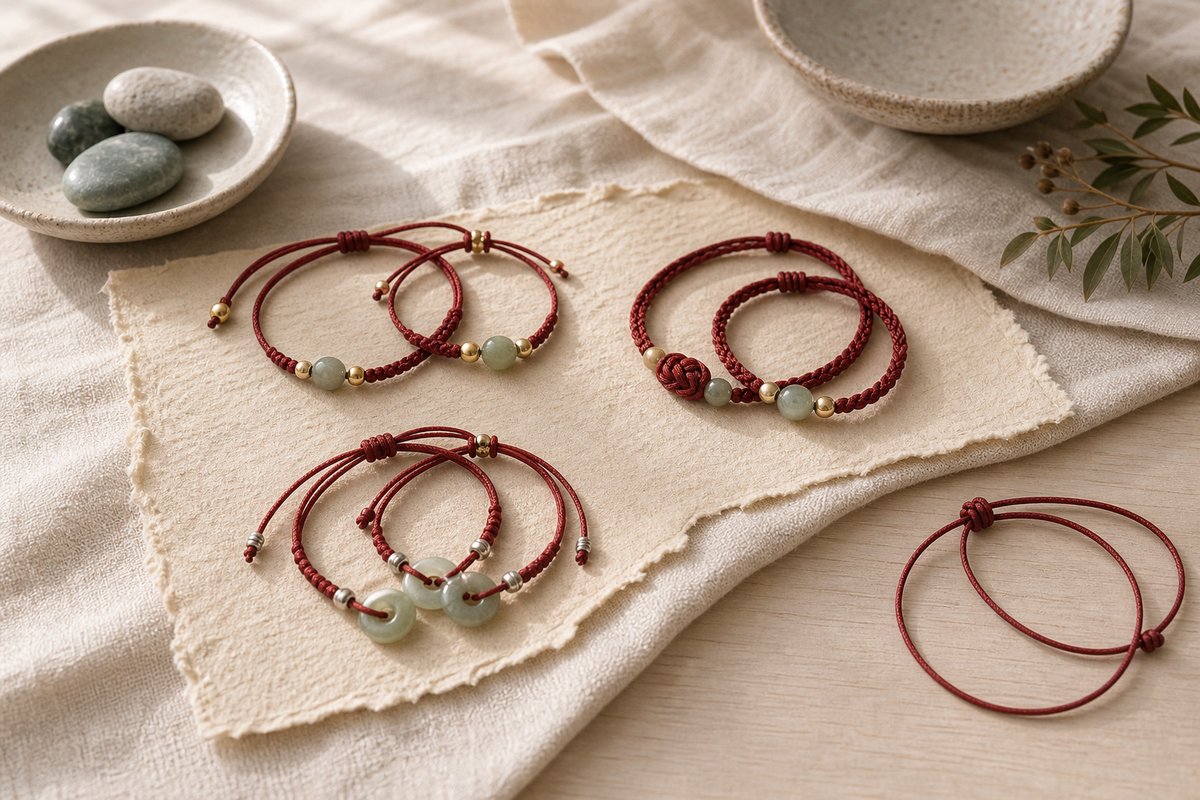 Three pairs of red string bracelets with different cord, bead, and charm details arranged for comparison