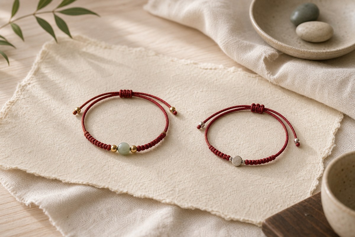 Two coordinated red string bracelets with different small bead and charm details