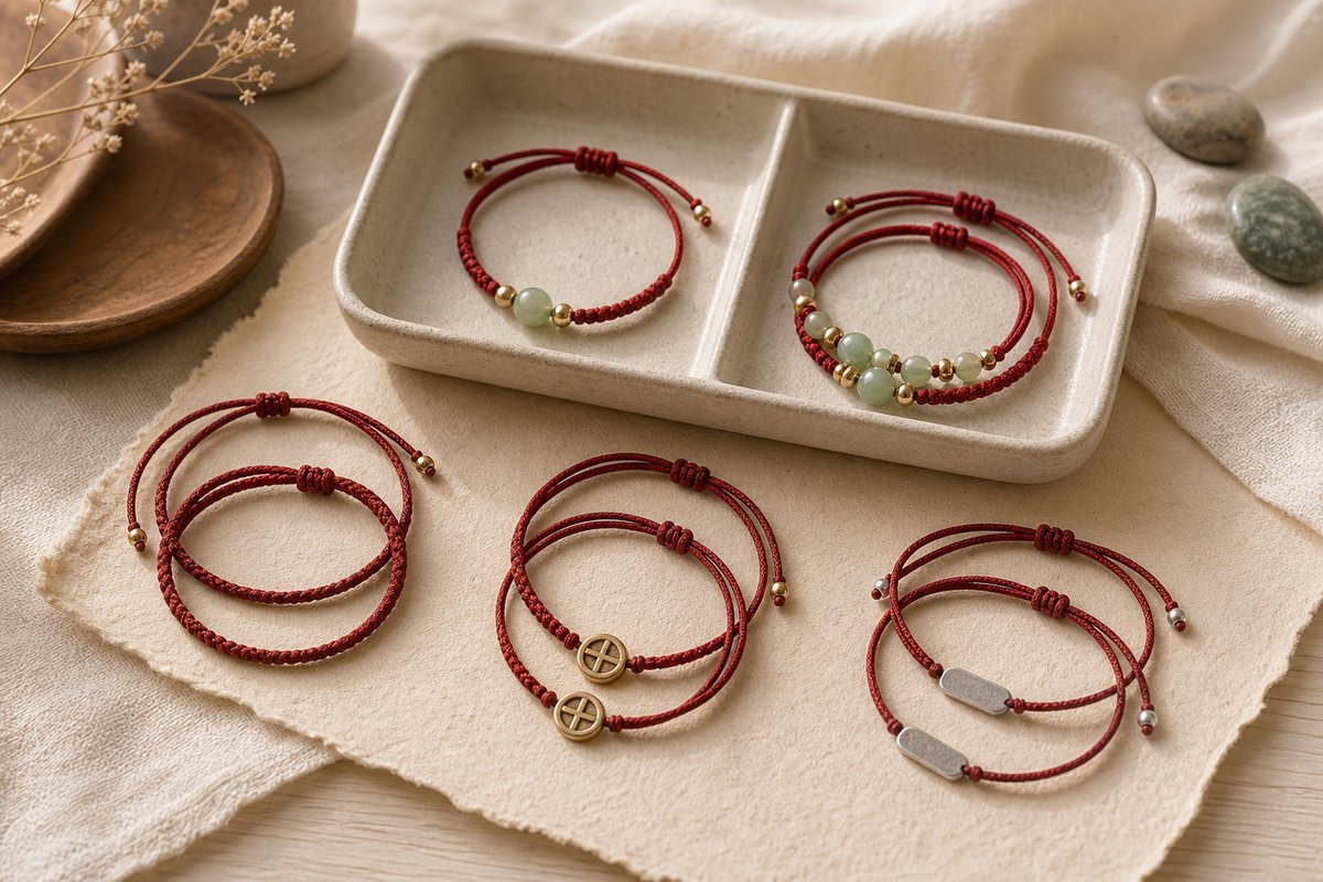 Several couple red string bracelet designs arranged on ivory linen and pale wood