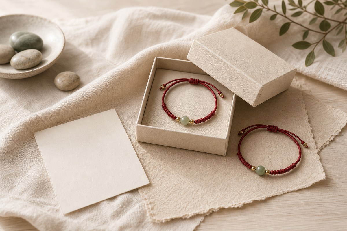 Two coordinated red string bracelets placed in a simple open ivory gift box