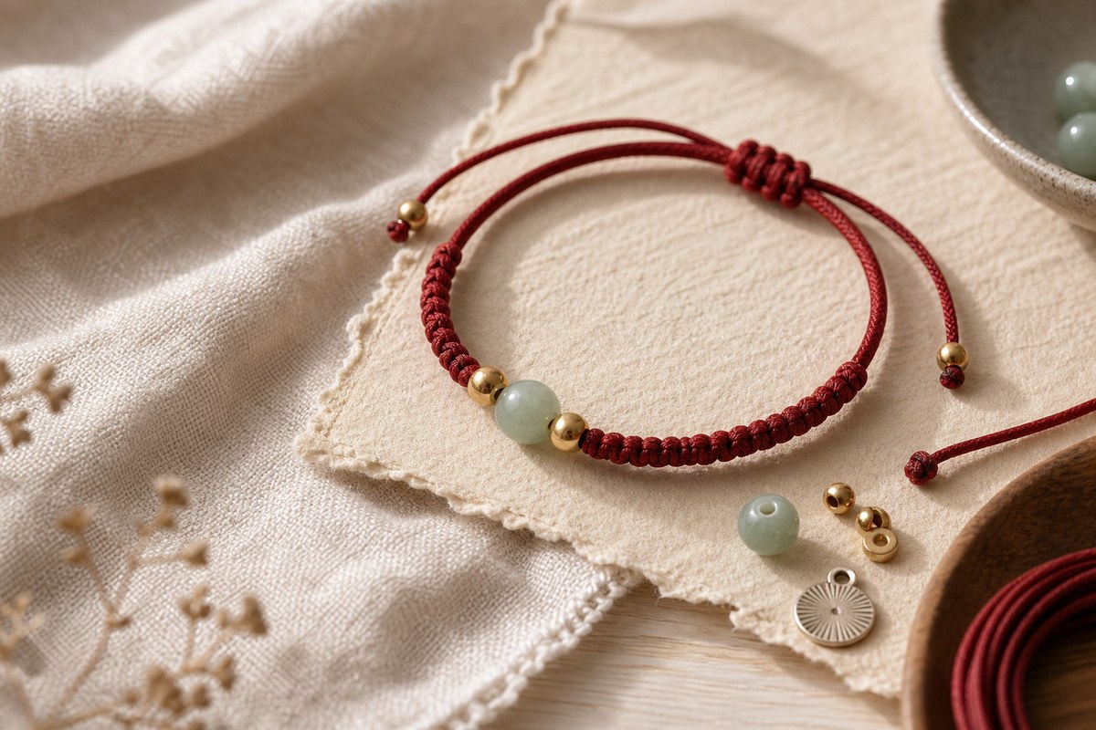 Close detail of braided red cord, sliding knot, gold beads, jade-toned bead, and small metal charm