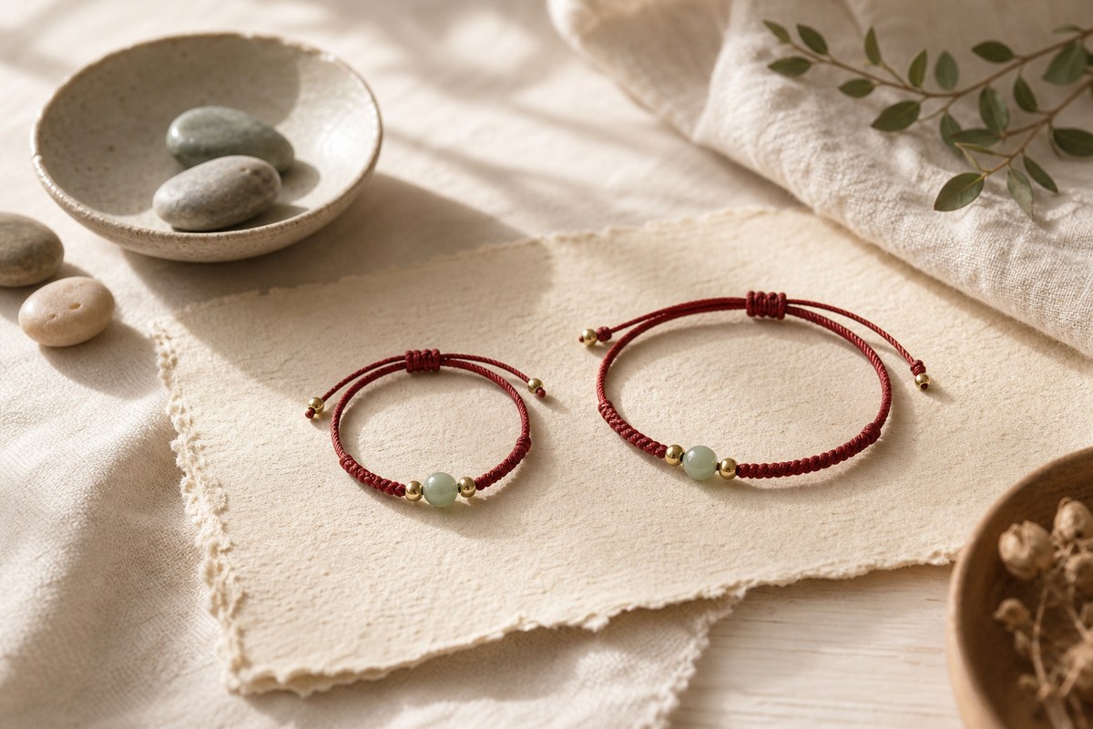 Two coordinated red string bracelets arranged together on warm ivory linen