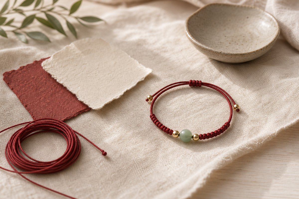 Red string bracelet with small gold and jade-toned accents on ivory fabric
