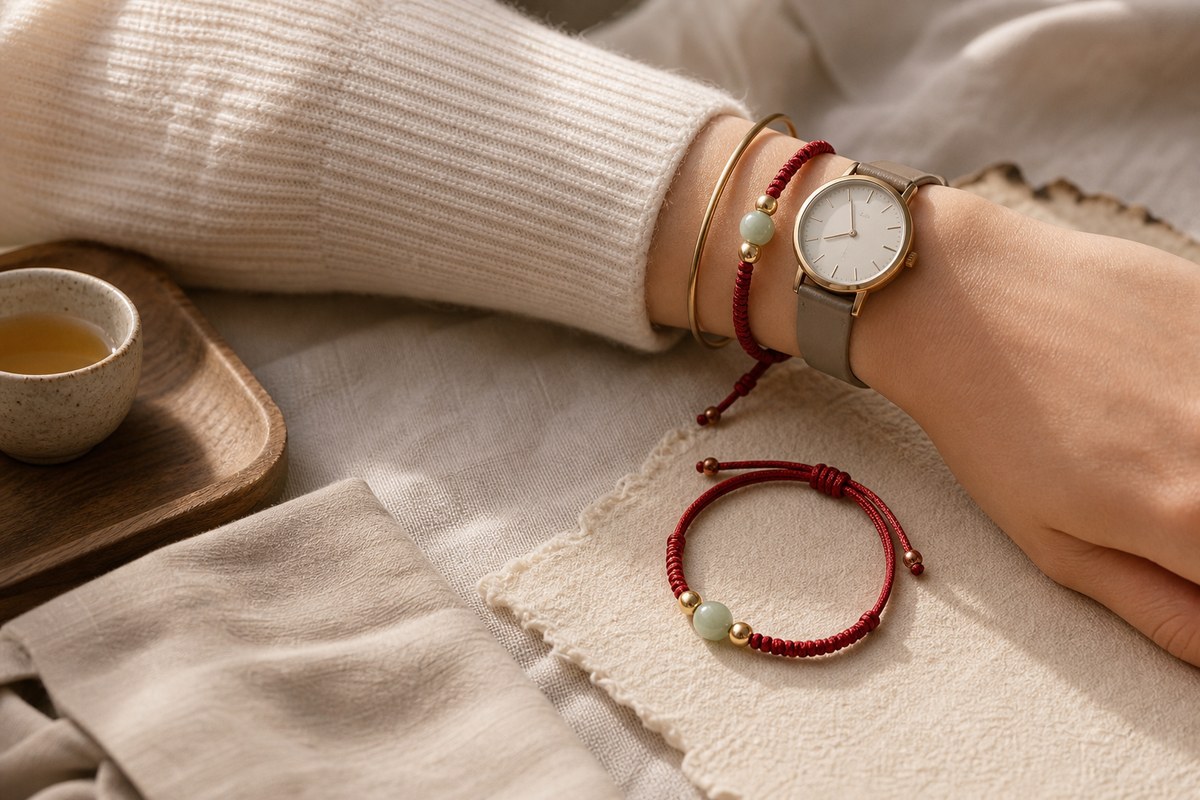 Red string bracelet worn with neutral clothing and simple everyday accessories