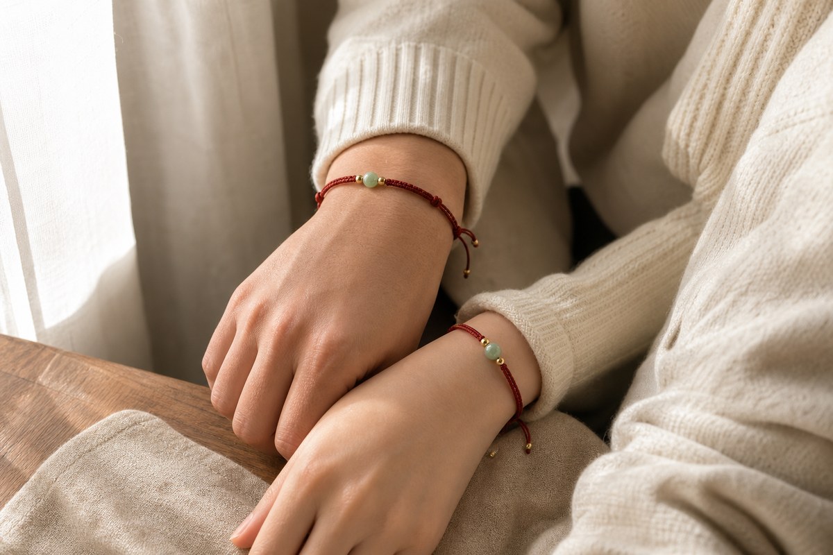 Two anonymous wrists wearing coordinated red string bracelets in soft natural light