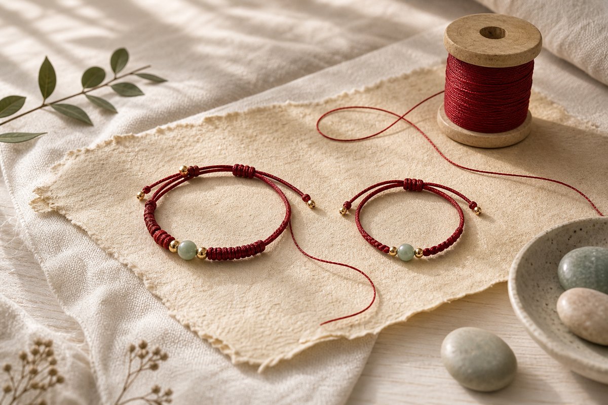 Two red string bracelets beside a spool of red thread on handmade paper