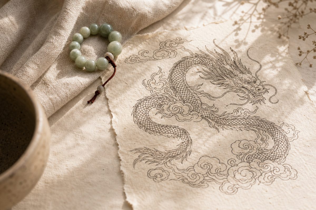 Flowing Eastern loong and cloud pattern on pale handmade paper beside a jade bead