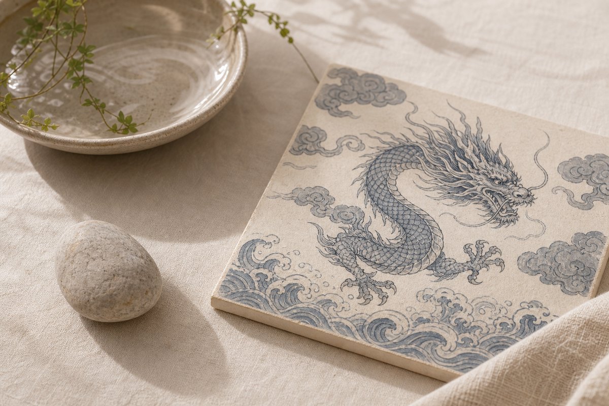 Ceramic panel with Eastern loong, cloud, and wave motifs beside a water dish and pale stone