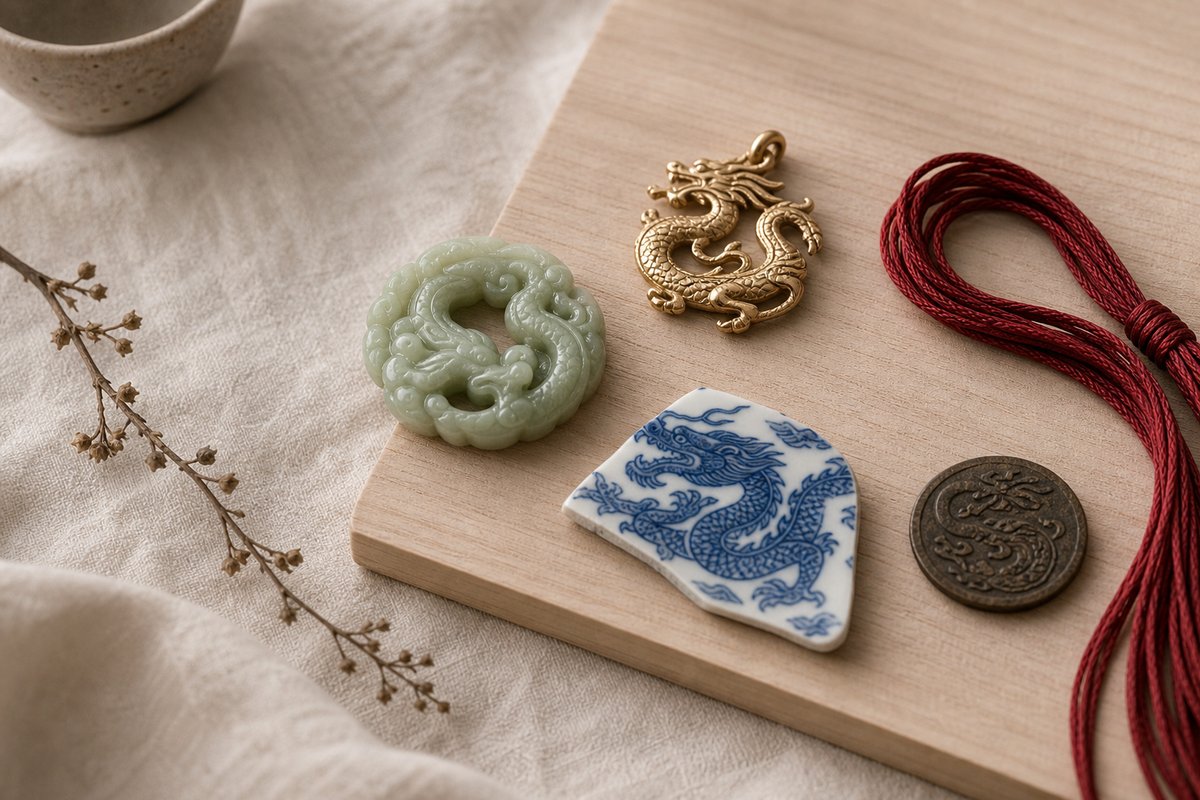 Jade charm, gold pendant, porcelain loong shard, red thread, and bronze token on ivory linen