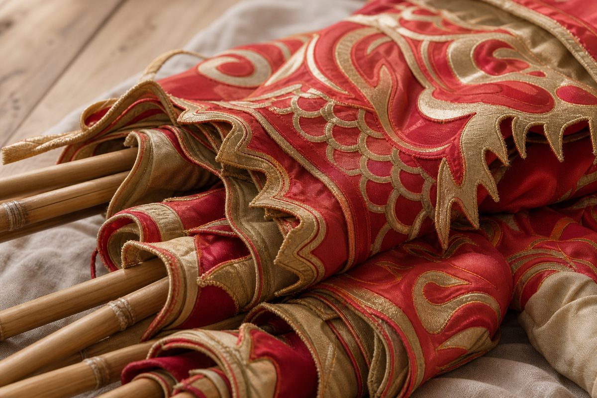 Folded loong dance textile and bamboo pole details on pale wood and neutral linen