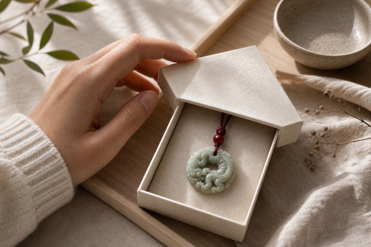 Jade loong pendant with red cord placed in a simple ivory gift box on neutral linen