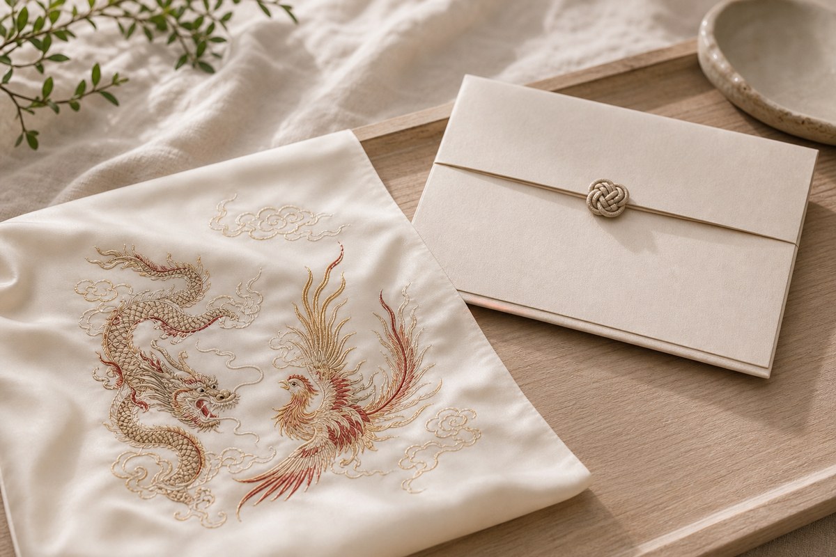 Loong and phoenix motifs embroidered together on warm ivory silk beside a neutral gift envelope