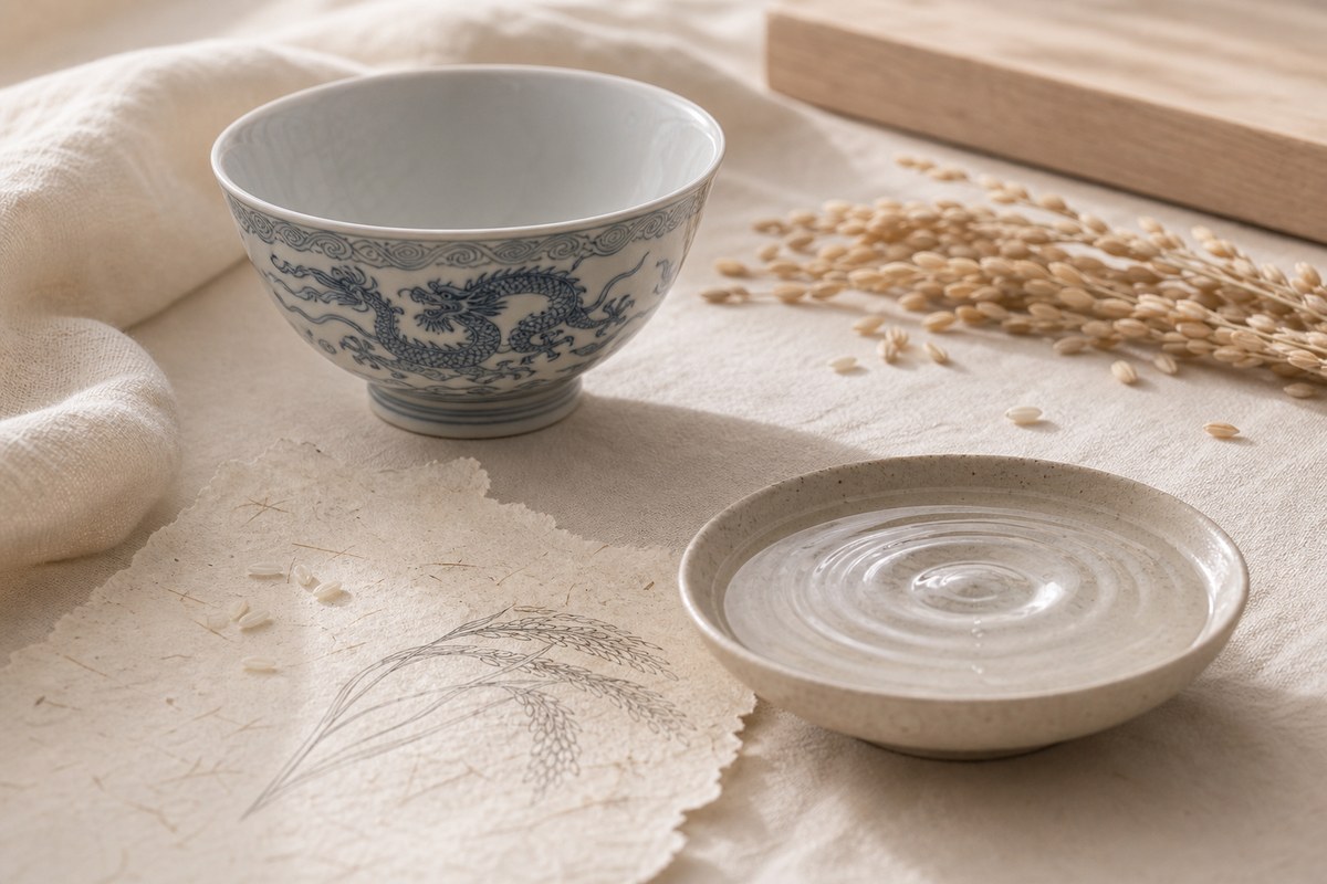 Blue-white porcelain loong pattern beside a water dish and rice grains on ivory linen