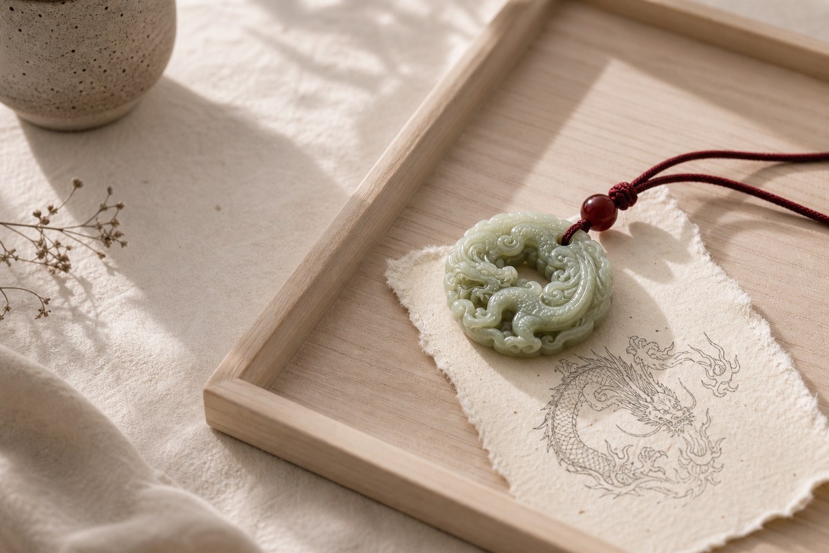 Carved jade Eastern loong pendant beside a paper loong motif sketch on handmade paper
