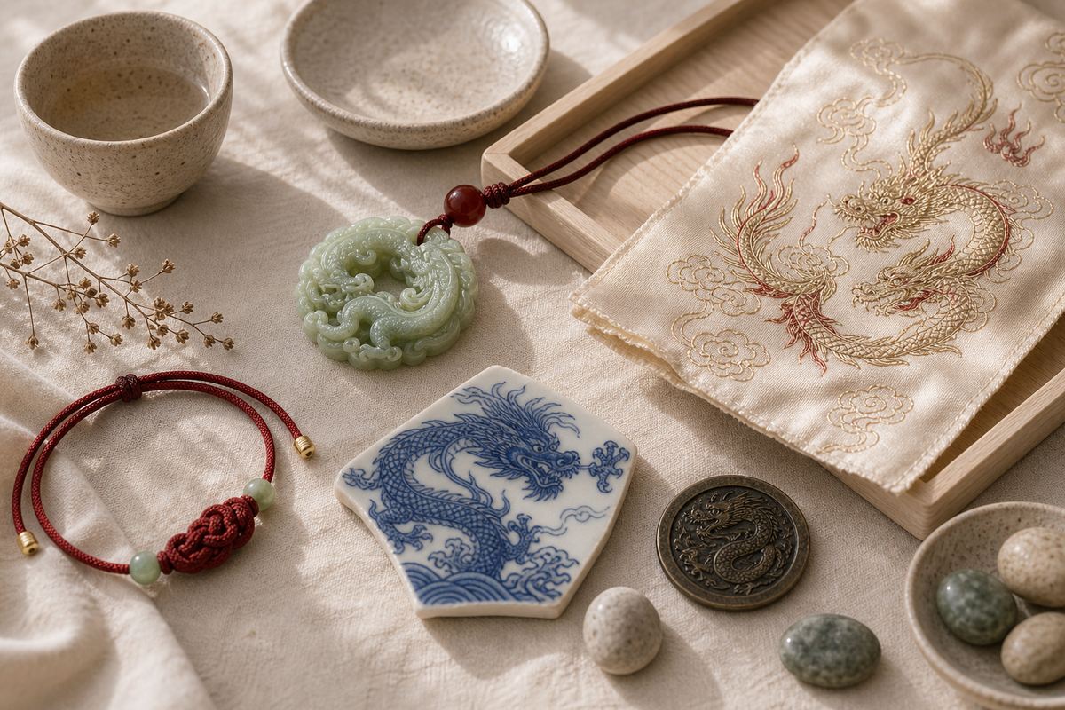 Jade charm, porcelain loong pattern, embroidered silk, and red cord arranged on warm ivory linen