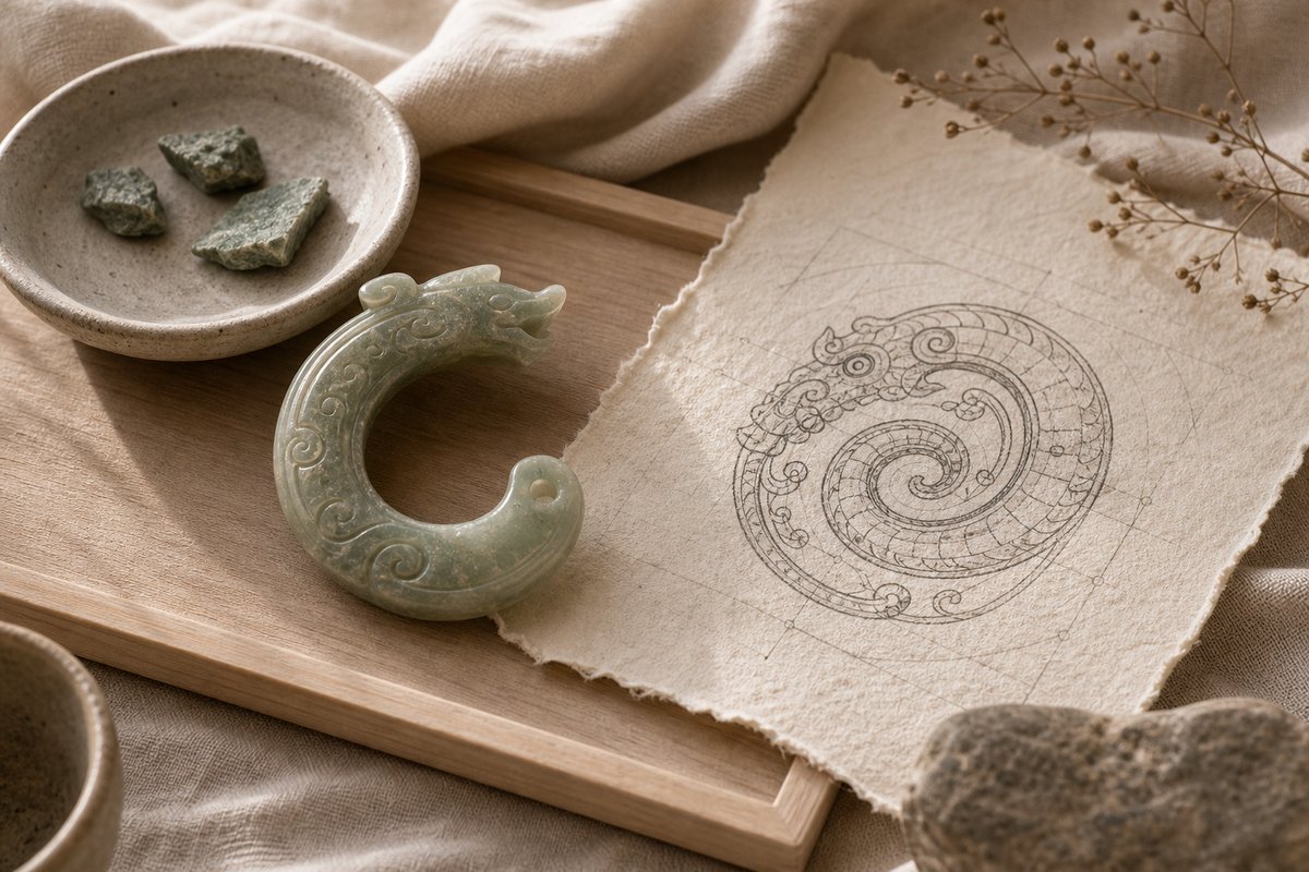 C-shaped jade loong form and coiled stone loong pattern drawing on handmade paper
